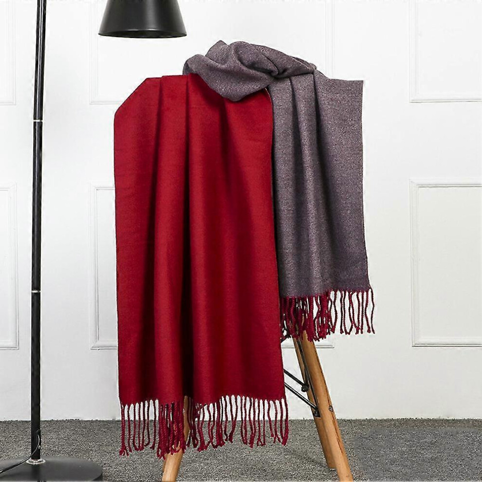 (As show, One size) Wool scarf women winter thickening warm ladies shawl cashmere scarf autumn and winter men double-sided scarf(burgundy dark grey)