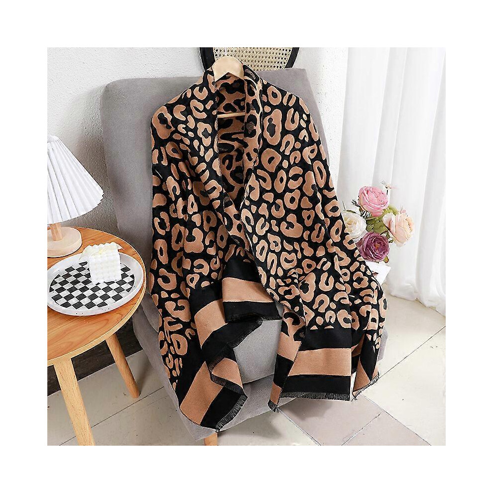 (As show, One size) Plaid scarf women winter 2022 new ladies shawl wool cashmere scarf autumn and winter plaid scarf(Leopard Black)