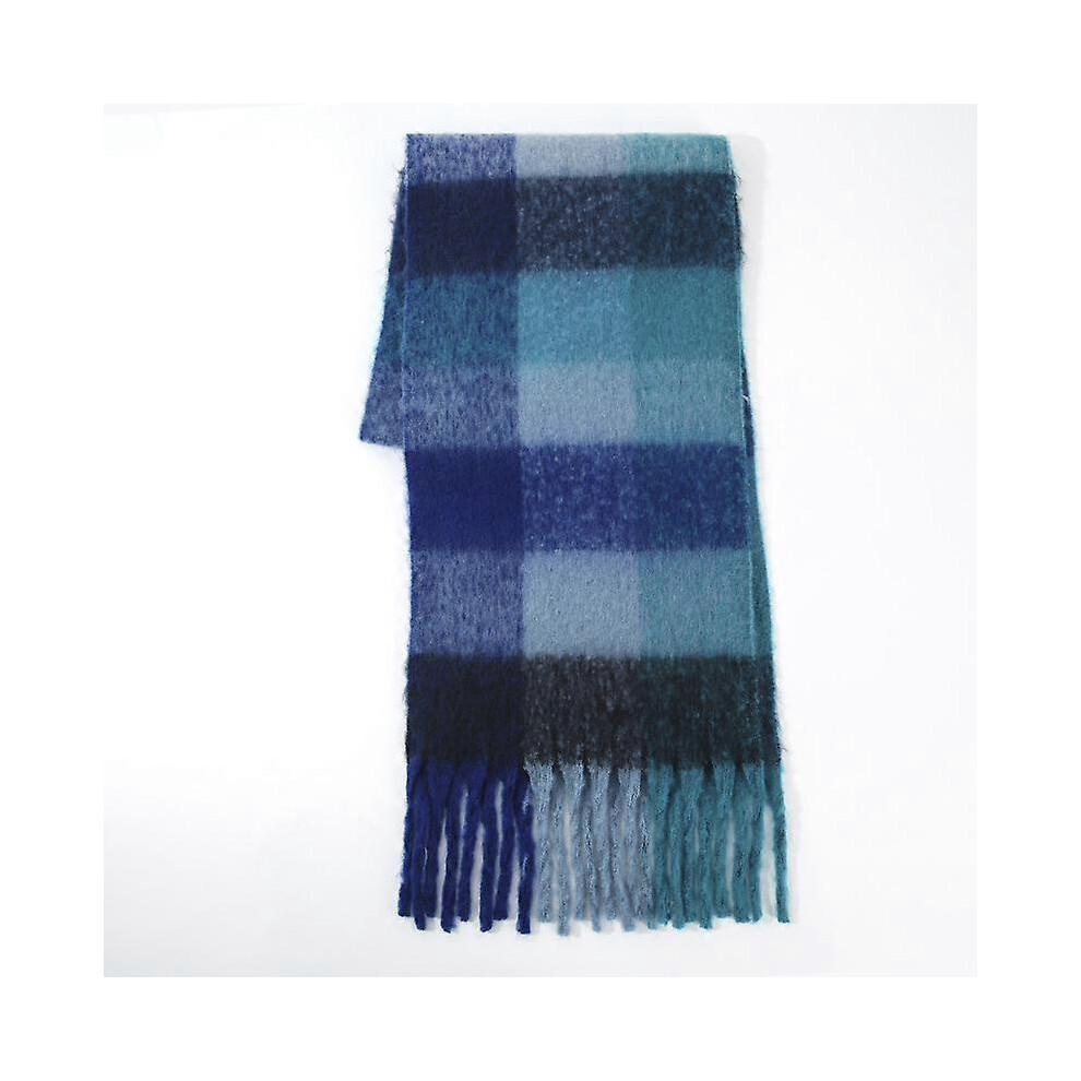 (As show, One size) Plaid scarf women winter warm thick thick fringe long new woolen scarf men autumn and winter imitation cashmere scarf(lake blue check)