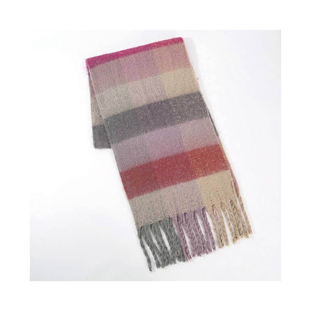 (As show, One size) Plaid scarf women winter warm thick thick fringe long new woolen scarf men autumn and winter imitation cashmere scarf(beige check)
