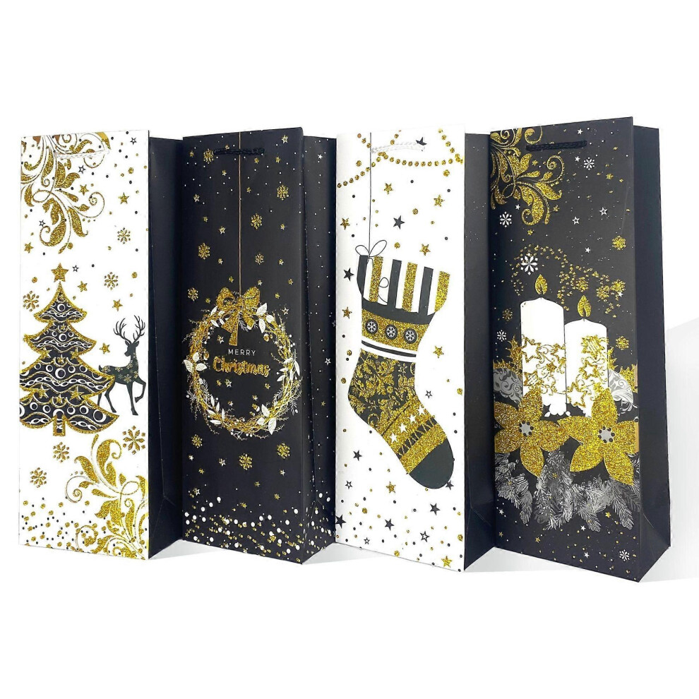 (As show, One size) 4 Christmas Wine Gift Bags, Bottle Pouches, Wine and Champagne Packaging - Strong and Reusable