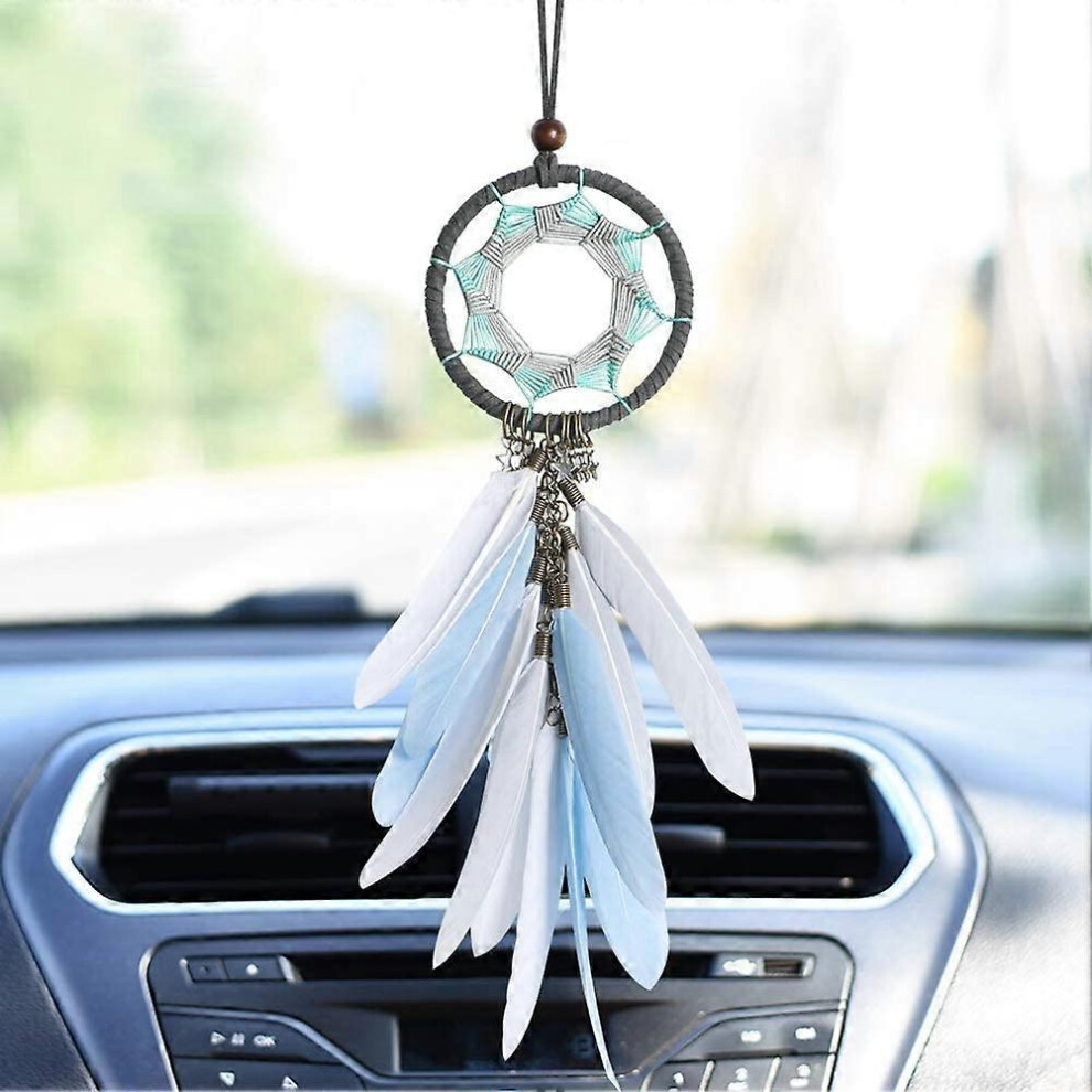 (As show, One size) Dream Catcher Handemade Dreamcatcher Gray Feather Wall Hanging Ornament Car Interior Rearview Mirror Pendant Car Charm Hanging (Gray)
