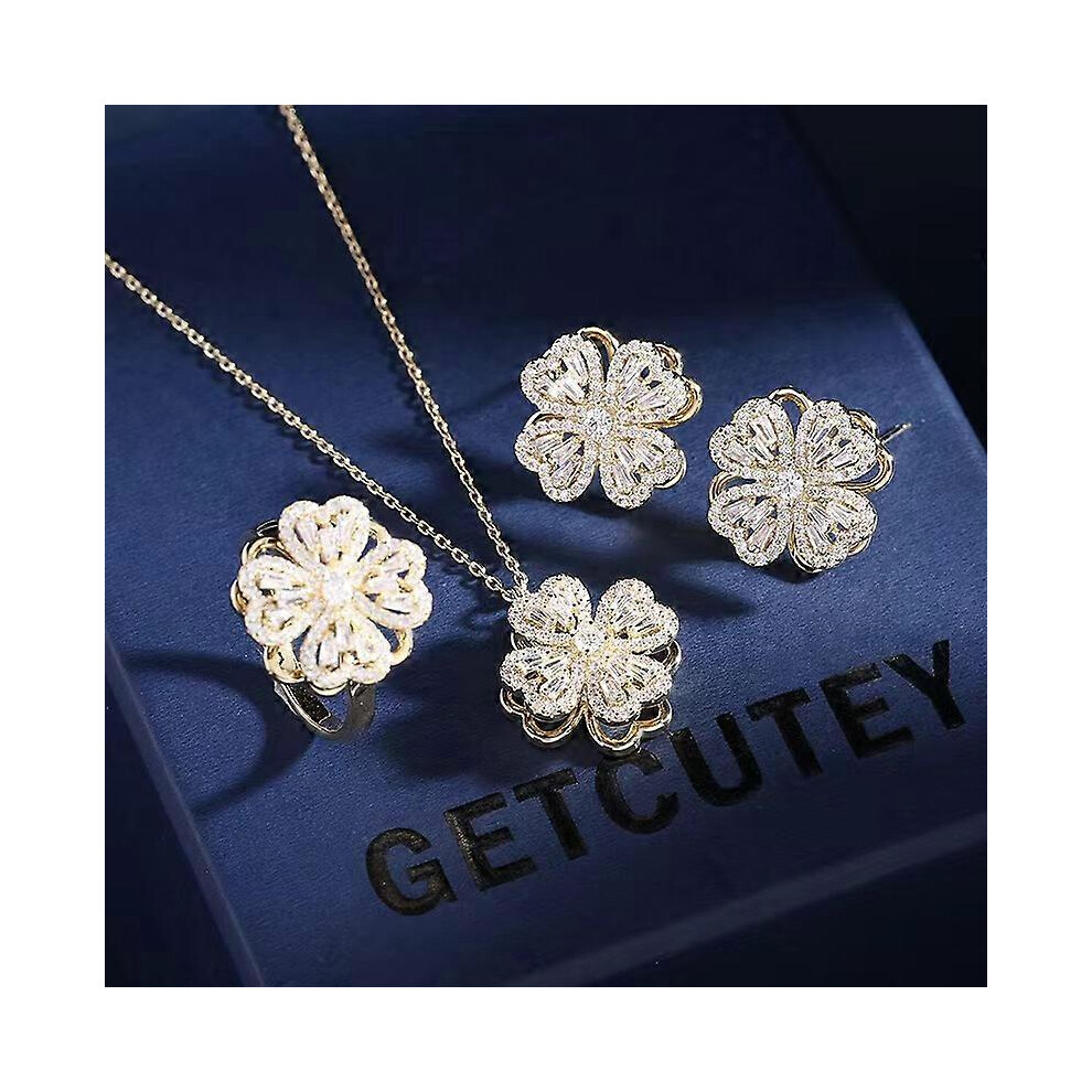 (As show, One size) 3 Pcs Rotating Decompression Niche Sense Light Luxury Style Zirconia Earrings Ring Flower Clasp Chain Earrings Tide Lucky Grass Set