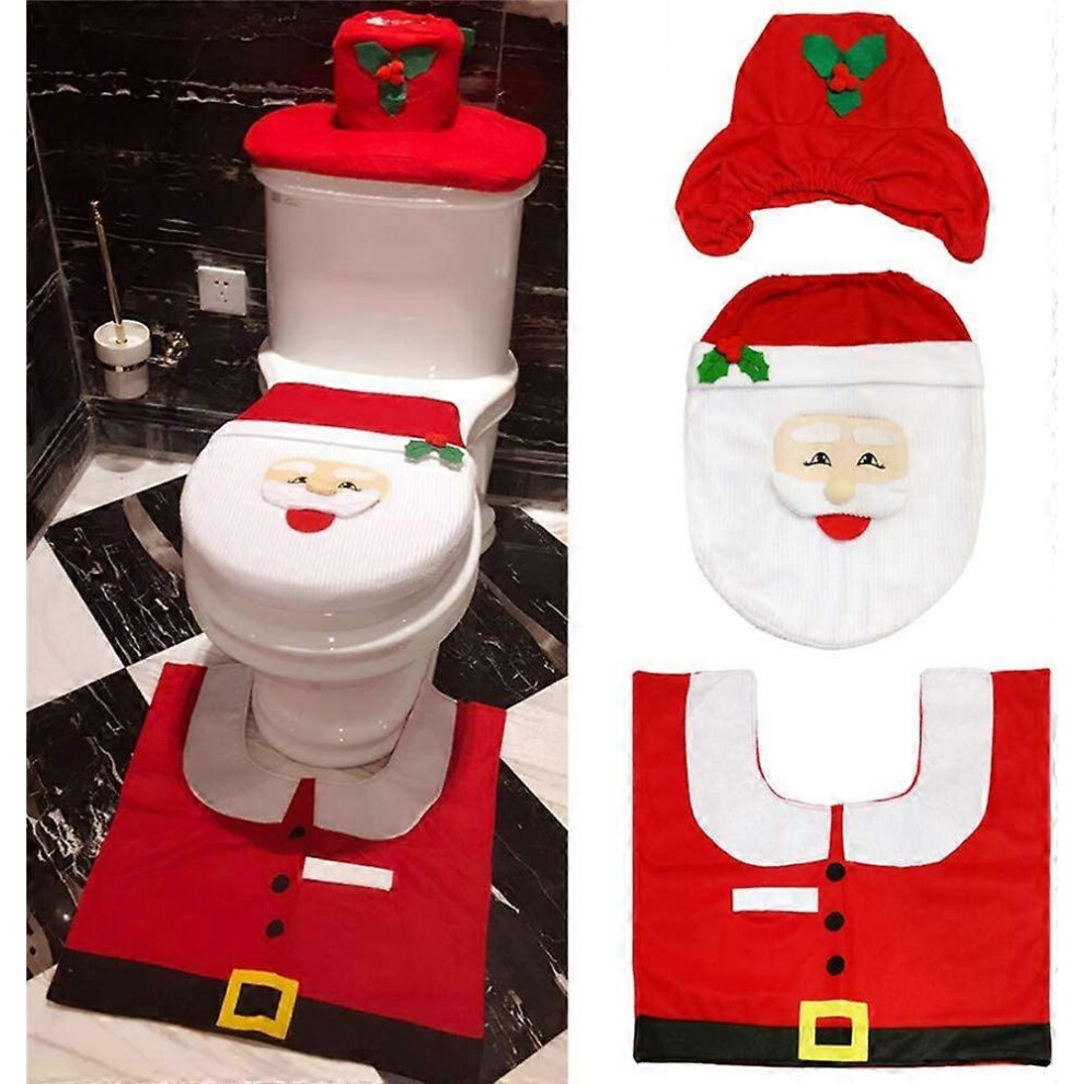 (As show, One size) Set of 3 Santa Claus Toilet Seat Covers and Mats - Warm and Washable - Bathroom Accessories (Santa Claus)