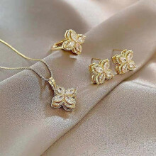 (As show, One size) JewelleryTimeless spinning clover pendant necklace setCat's eye studs ring