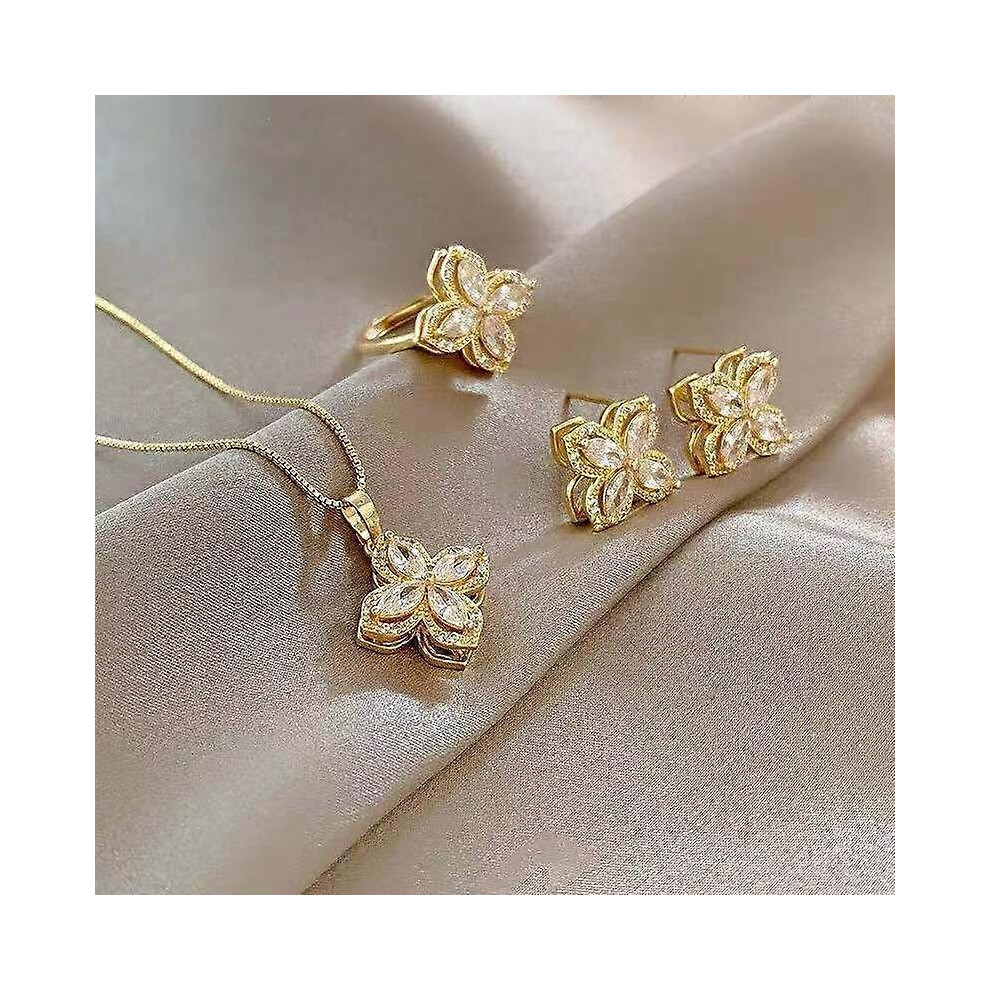 (As show, One size) JewelleryTimeless spinning clover pendant necklace setCat's eye studs ring