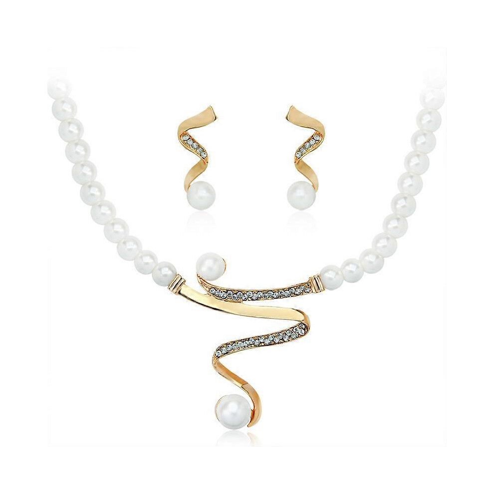 (As show, One size) Imitation pearl and diamond jewellery set temperament elegant fashion necklace earrings 2 piece set combination