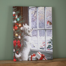 Snowtime Christmas 40cm x 30cm Festive Dog & Robin Fibre Optic Wall Canvas