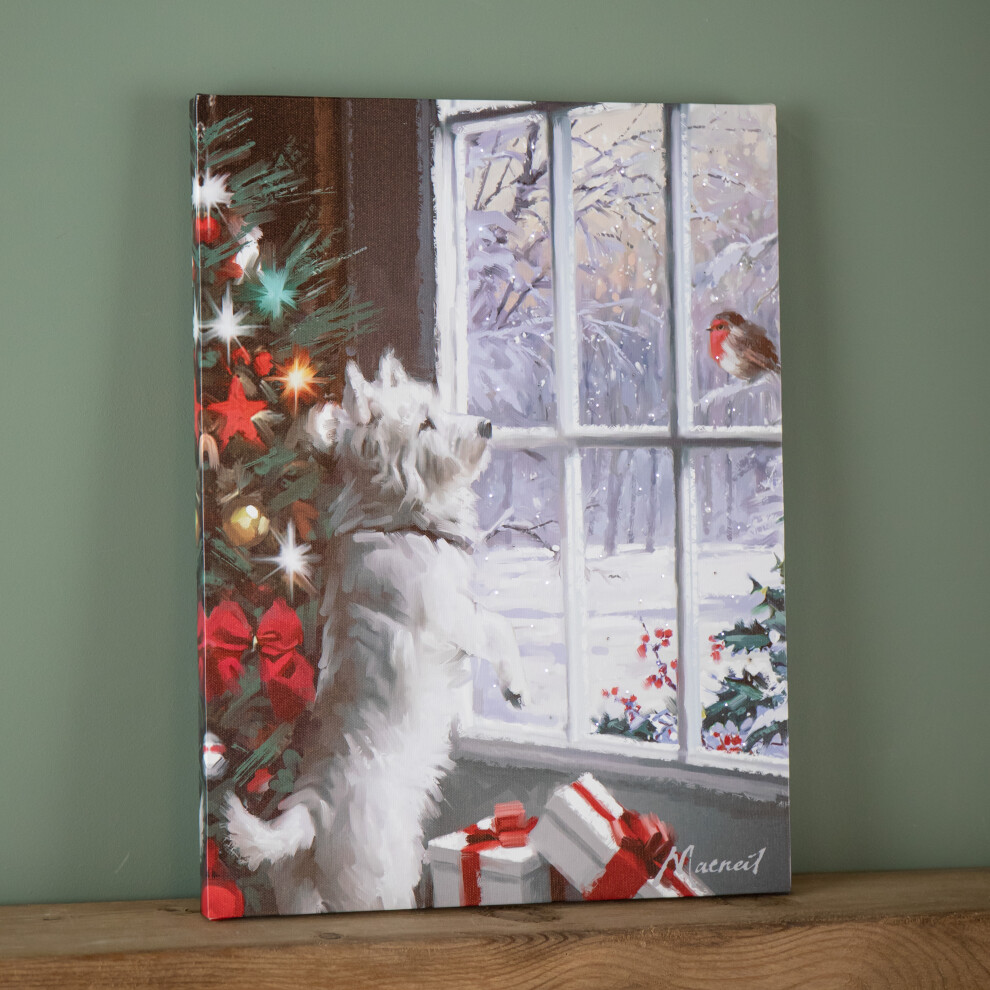 Snowtime Christmas 40cm x 30cm Festive Dog & Robin Fibre Optic Wall Canvas