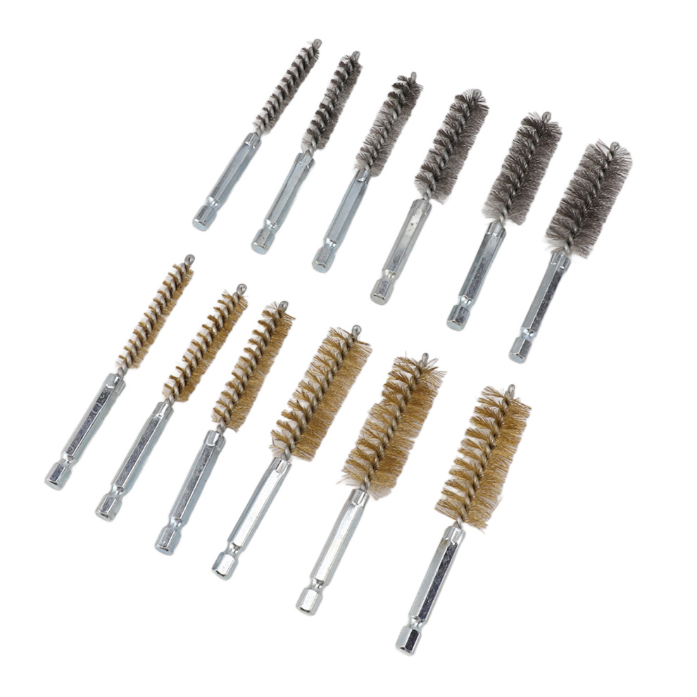 12Pcs Bore Brush Copper And Iron 304 Stainless Steel Bristles Wire Brush For Power Drill With Hex Shank Handle 8171314618747