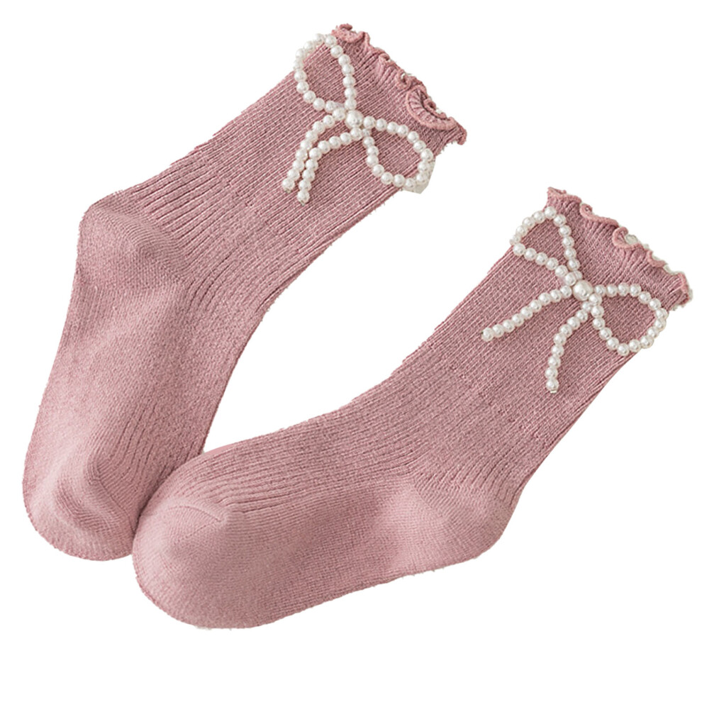Girl Mid Calf Socks Cute Pearl Bow Comfortable Cotton Elastic Ruffled Hem Socks for School Party Pink L, About 5â8 Years Old, Foot Length:-image-OPC-PHQXTGT-NEW