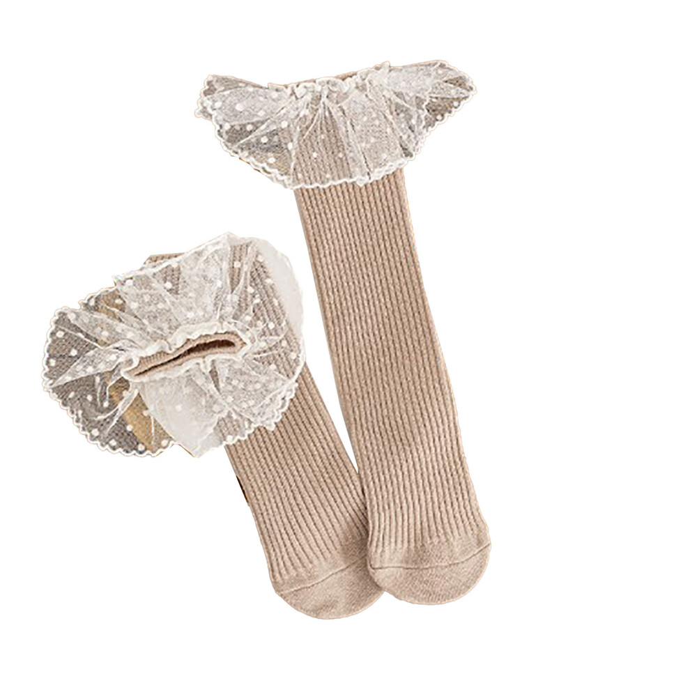 Little Girl Knee High Socks Soft Cotton Dots Pattern Lace Trim Long Socks for Kids Khaki