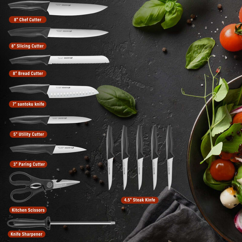 Aoresac 15-Piece Knife Set with Block High Carbon Stainless Steel Kitchen Knife Block Sets with Sharpener Rod Non-slip Handle Knife Sets fo