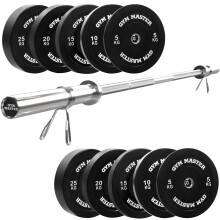 (5ft, 150kg Set) GYM MASTER Olympic Weight Bar and Choice of Black Bumper Weight Plates
