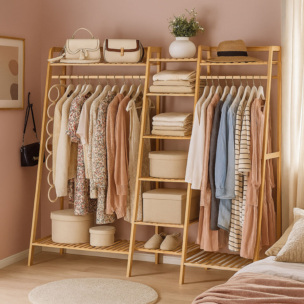 Neo Natural Bamboo Freestanding Open Clothes Rack Storage Rail Coat Stand Shelf Hanging Entryway Bedroom Bathroom and Office