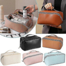 (Sunset powder) Large-capacity Travel Cosmetic Bag Organizer Makeup With Brushes Slots Dividers