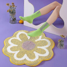 (Yellow) Flower Round Rug Super Soft Flocking Plush Floor Rug Living Room Non Slip Carpet Sofa Bedside Rugs Baby Crawling Mat Doormat Rug
