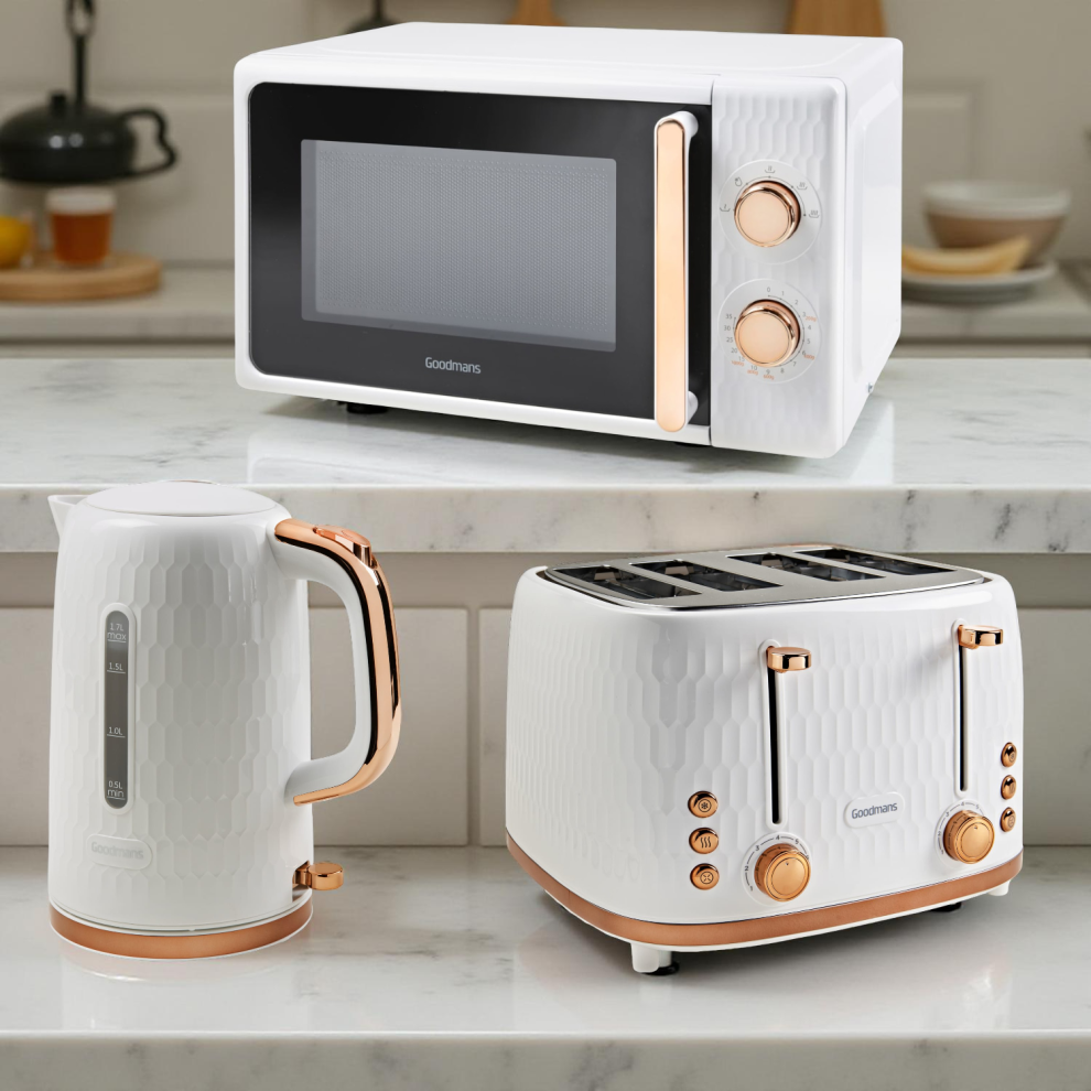 Goodmans Kitchen Set Microwave Toaster & Kettle White, Rose Gold Honeycomb 3pc