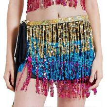 (Gold Blue Red) Women's Sequin Tassel Skirt Glitter Belly Dance Hip Scarf Wrap Party Costume