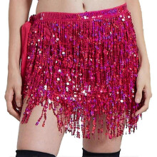 (Rose Red) Women's Sequin Tassel Skirt Glitter Belly Dance Hip Scarf Wrap Party Costume