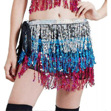 (Silver Blue Red) Women's Sequin Tassel Skirt Glitter Belly Dance Hip Scarf Wrap Party Costume