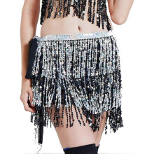 (Silver Black) Women's Sequin Tassel Skirt Glitter Belly Dance Hip Scarf Wrap Party Costume