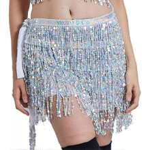 (Silver) Women's Sequin Tassel Skirt Glitter Belly Dance Hip Scarf Wrap Party Costume