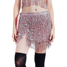 (Pink) Women's Sequin Tassel Skirt Glitter Belly Dance Hip Scarf Wrap Party Costume