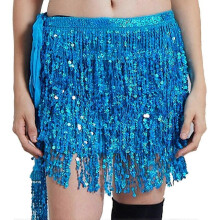 (Lake Blue) Women's Sequin Tassel Skirt Glitter Belly Dance Hip Scarf Wrap Party Costume