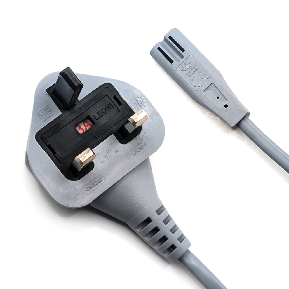 2M UK Mains Power Cable figure 8 - with 3 Amp fuse - Grey