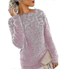 (XXXXL) Fashion Keep Warm Thicken Color Women O Long Pure Sleeve Lace Neck Floral Pullover Plus Size Sweater