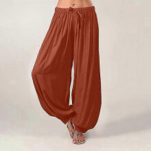 (XXL, brown) Plus Size Women Harem Pants Casual Long Pant Solid Color Loose Baggy Yoga Pants Ladies Women Leisure Cotton Linen Trousers