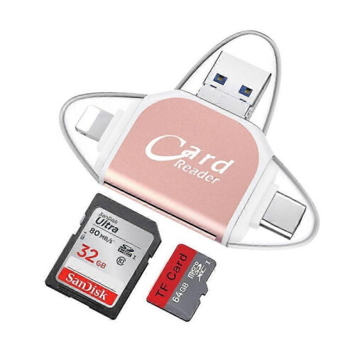(Rose Gold) 2024 NEW Multi Port 4 in 1 Universal Card Reader, Portable Memory Card Reader