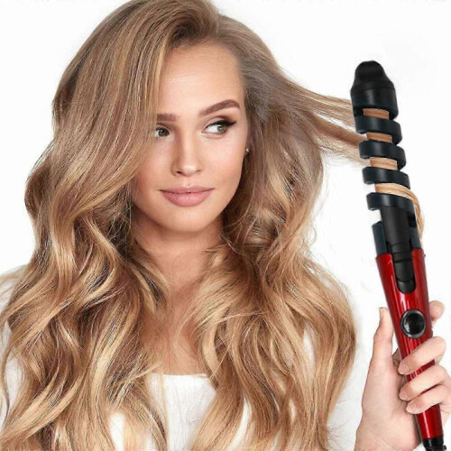 (Red, EU Plug) Automatic Curling Iron Ceramic Auto Hair Curler - Detangle Scald-Free Fast Heating One-Click Automatic Rechargeable
