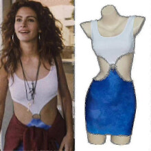 (XL) 2023 Movie Pretty Woman Julia Roberts Cosplay Vivian Ward Sexy Blue Bare Waist Tie-dye Cutout Dress