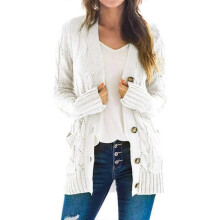 (S, White) Women's Long Sleeve Cable Knit Cardigan with Pocket Casual Coat Solid Color