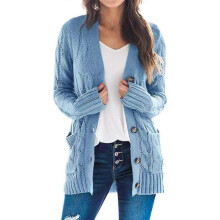 (M, Blue) Women's Long Sleeve Cable Knit Cardigan with Pocket Casual Coat Solid Color