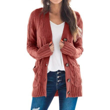 (3XL, Brick Red) Women's Long Sleeve Cable Knit Cardigan with Pocket Casual Coat Solid Color