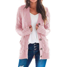 (L, Pink) Women's Long Sleeve Cable Knit Cardigan with Pocket Casual Coat Solid Color