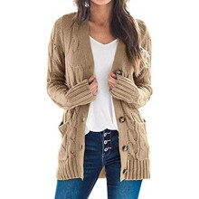 (M, Khaki) Women's Long Sleeve Cable Knit Cardigan with Pocket Casual Coat Solid Color