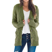 (3XL, Army Green) Women's Long Sleeve Cable Knit Cardigan with Pocket Casual Coat Solid Color