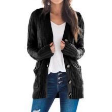 (XL, Black) Women's Long Sleeve Cable Knit Cardigan with Pocket Casual Coat Solid Color