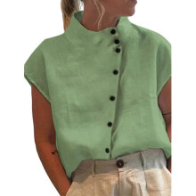 (M, Green) Women Stand Collar Blouse Female Short Sleeves Shirt Loose-Fit Button-Down Shirt Tops Ladies Cotton Linen Shirt Blouse light blue XXL