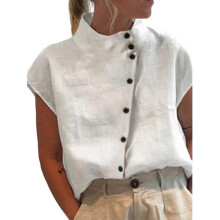 (M, White) Women Stand Collar Blouse Female Short Sleeves Shirt Loose-Fit Button-Down Shirt Tops Ladies Cotton Linen Shirt Blouse light blue XXL