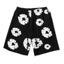 (S, black) Summer Men Shorts Flower Print Drawstring Elastic Waist Loose Pockets Pleated Vacation Beach Sport Casual Homewear Short Pants
