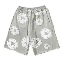 (L, grey) Summer Men Shorts Flower Print Drawstring Elastic Waist Loose Pockets Pleated Vacation Beach Sport Casual Homewear Short Pants