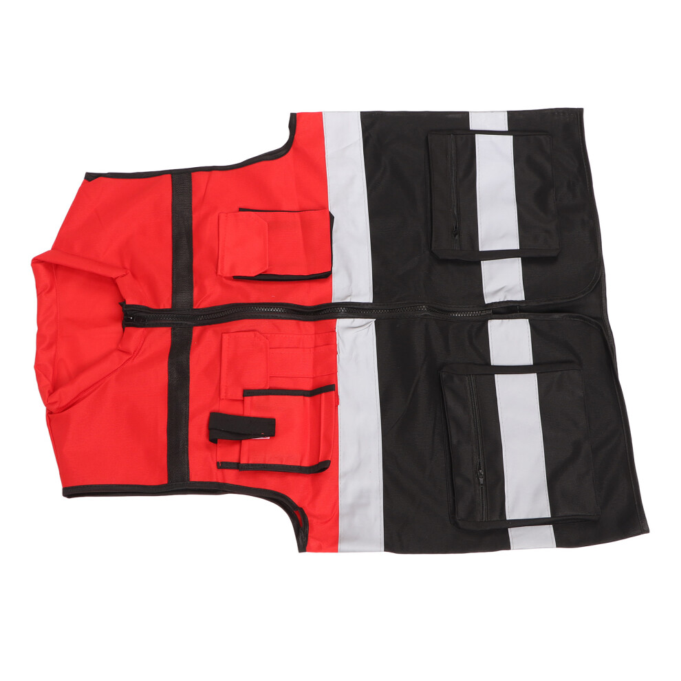Reflective Vest Red And Black Blocking Round Neck Multiple Pocket Safety Work Vest For Construction Transportation 4611314898489