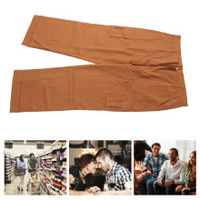 Men Casual Pants Spring Summer Fashionable Elegant Plain Color Straight Leg Pants with Pockets for Office Dark Brown XXXL