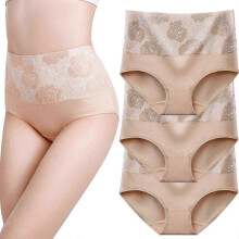 (XL, khaki-3pcs) "8pcs Underwear Cotton High Waist Tummy Control Panties Women's Rose Jacquard Ladies Panty"