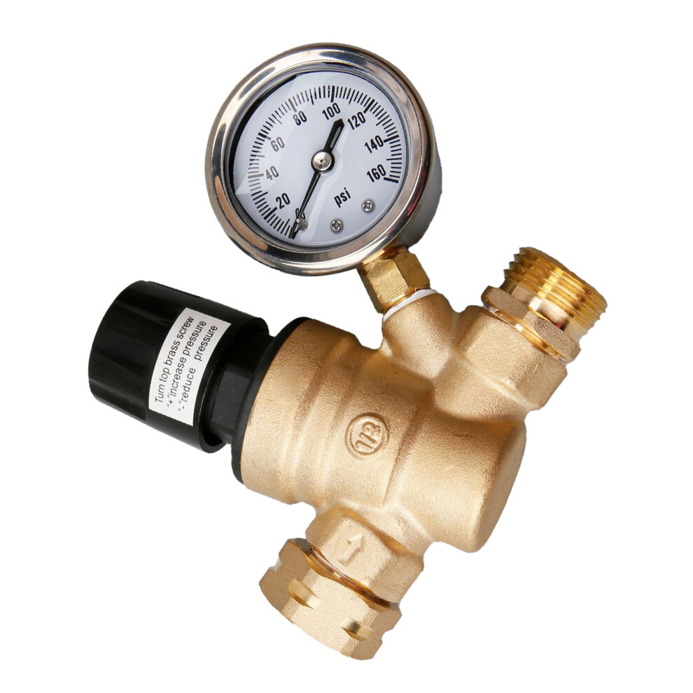 Water Pressure Regulator Valve 3/4In Nh Thread Brass Pressure Reducing Valve With Gauge For Rv Trailer 7901314908439